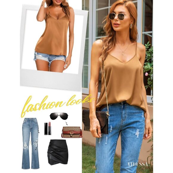 Vidussa Womens Black Brown V Neck Silk Satin Cami Sleeveless Casual Blouses Pack - Picture 4 of 6